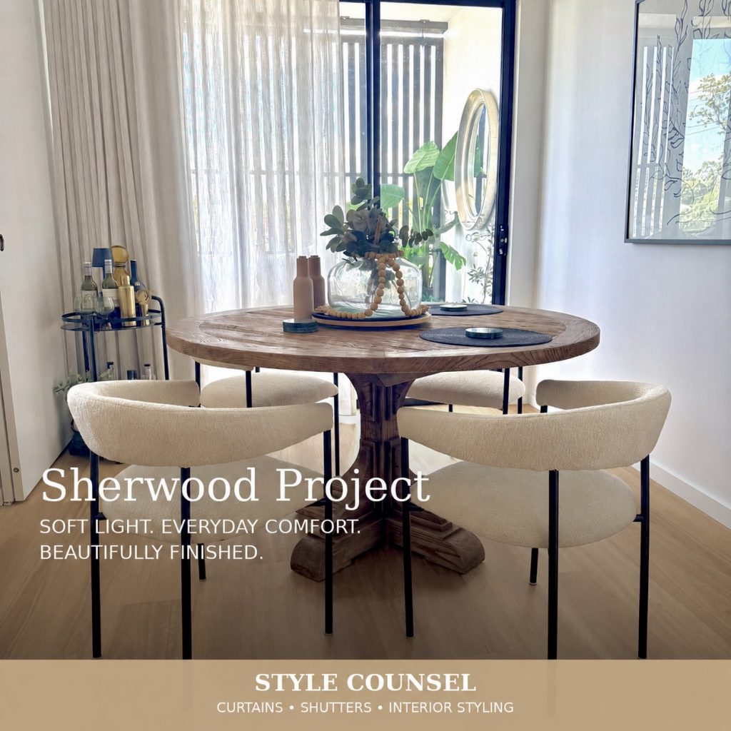 Sherwood project dining nook with sheer curtains, Brisbane